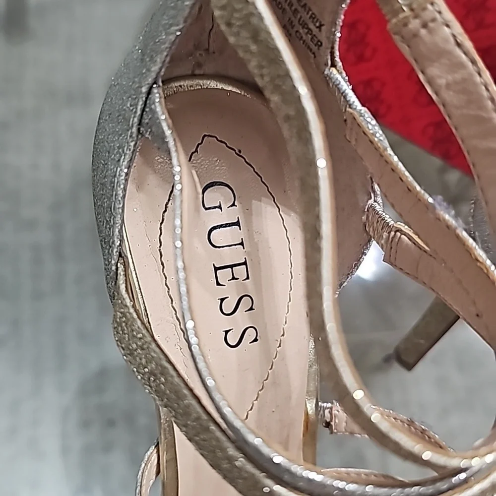 Guess Strappy Pumps Gold & Silver Straps  Stiletto Heels sz 8M